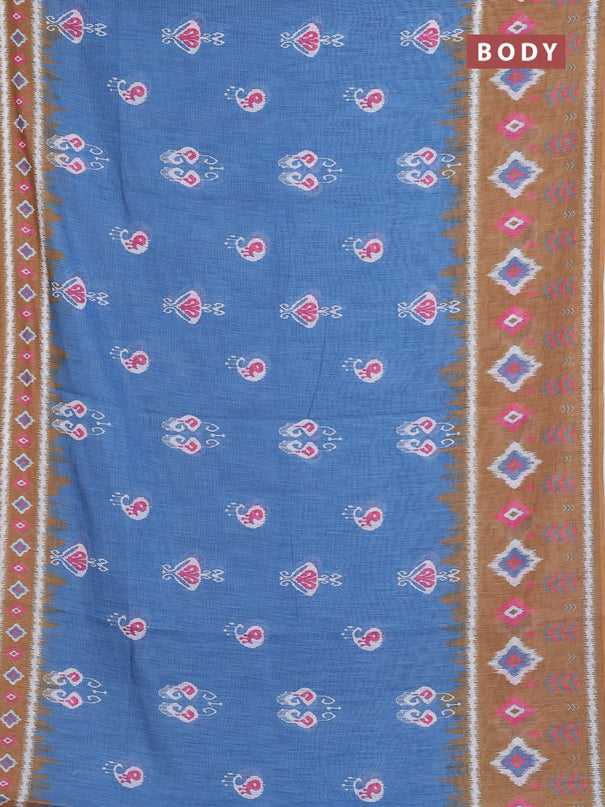 Semi linen saree blue and dark mustard with allover ikat butta prints and long printed border