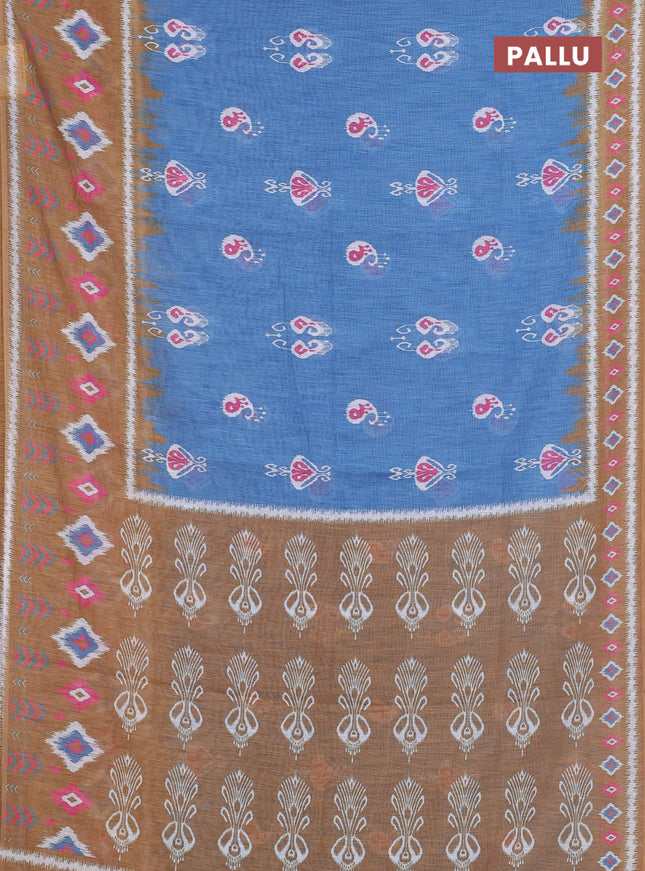 Semi linen saree blue and dark mustard with allover ikat butta prints and long printed border