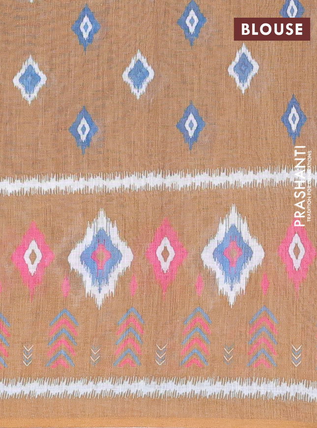 Semi linen saree blue and dark mustard with allover ikat butta prints and long printed border