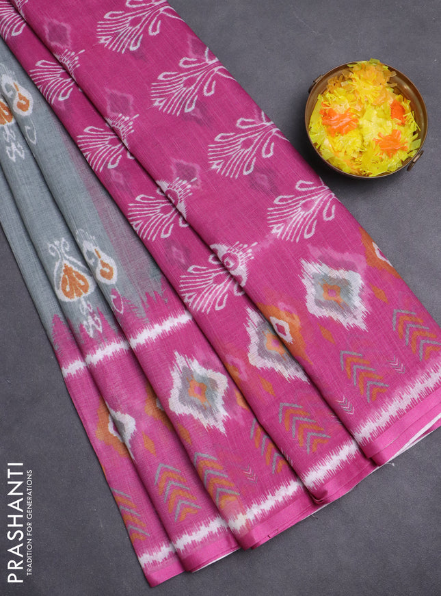 Semi linen saree grey and pink with allover ikat butta prints and long printed border