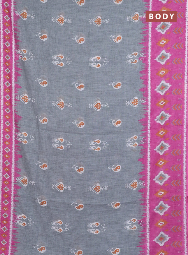Semi linen saree grey and pink with allover ikat butta prints and long printed border