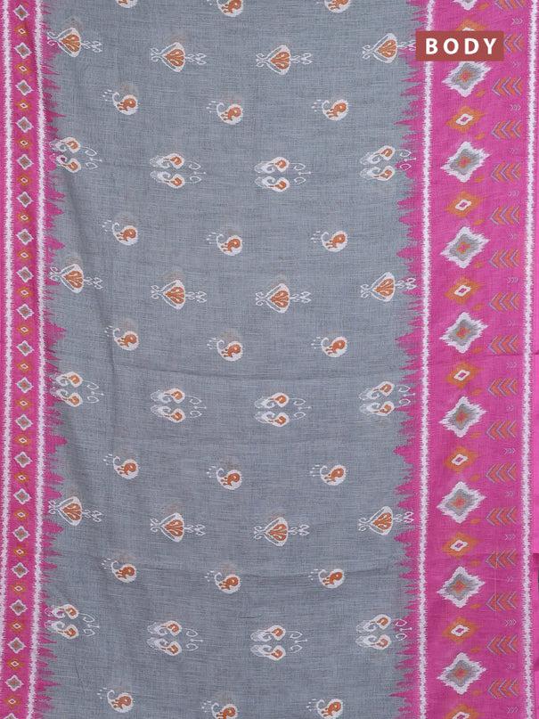 Semi linen saree grey and pink with allover ikat butta prints and long printed border