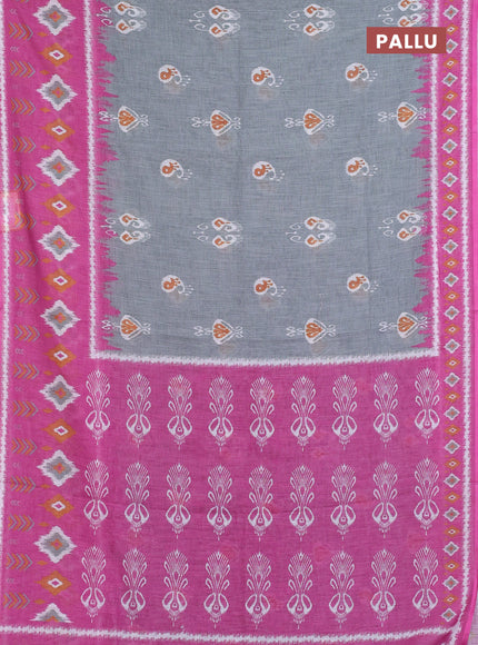 Semi linen saree grey and pink with allover ikat butta prints and long printed border