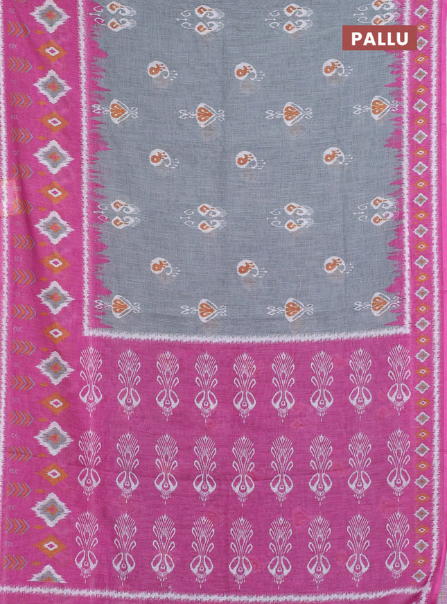 Semi linen saree grey and pink with allover ikat butta prints and long printed border