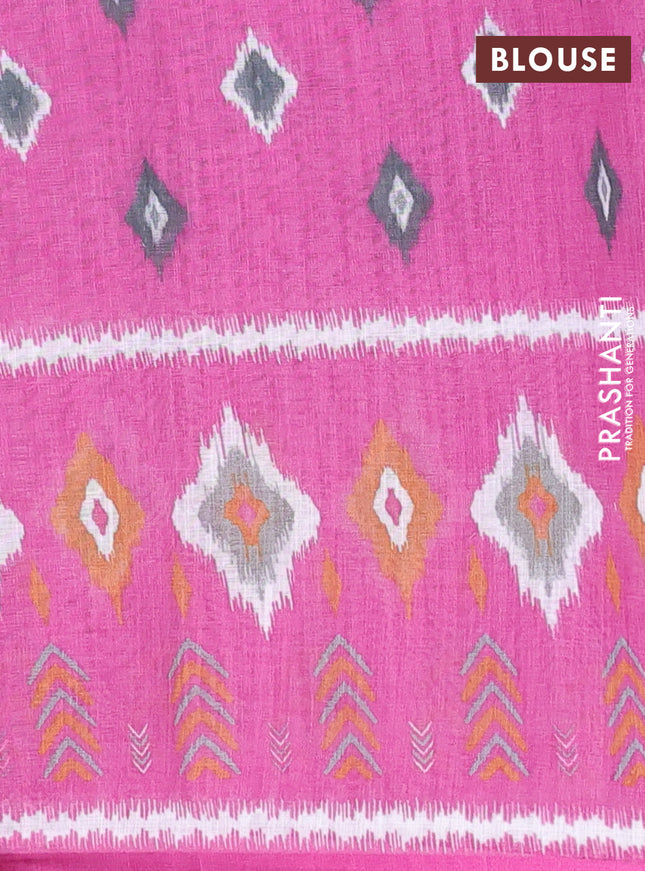 Semi linen saree grey and pink with allover ikat butta prints and long printed border