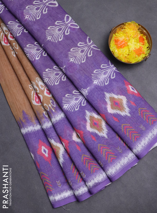 Semi linen saree sandal and lavender with allover ikat butta prints and long printed border