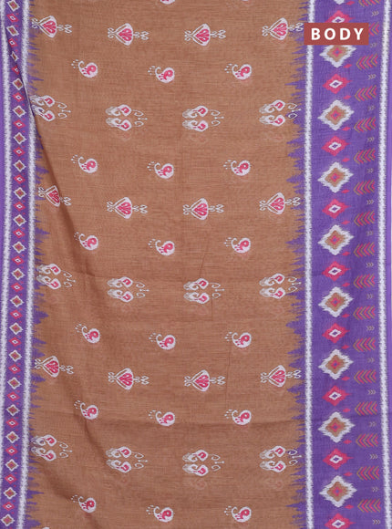Semi linen saree sandal and lavender with allover ikat butta prints and long printed border