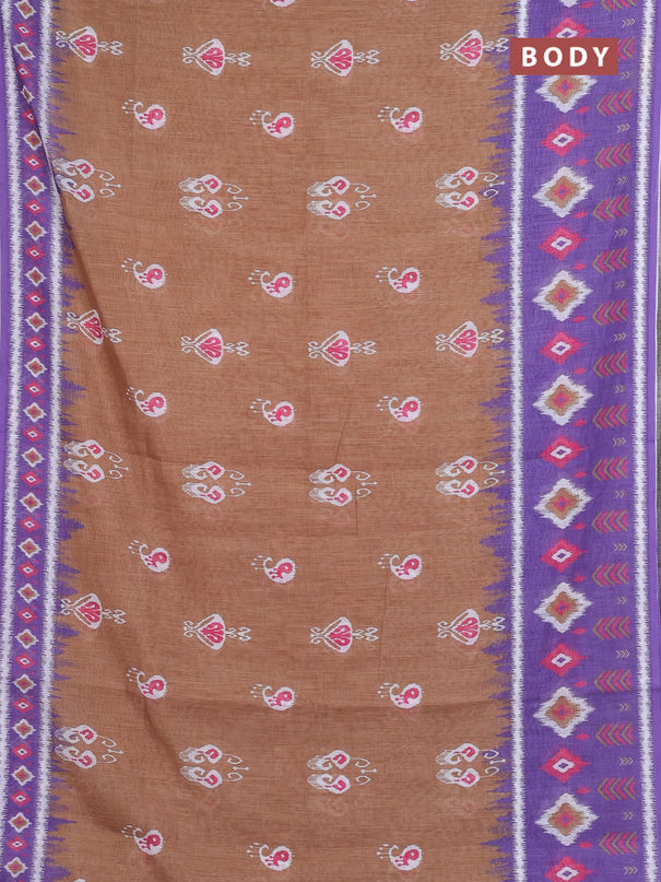 Semi linen saree sandal and lavender with allover ikat butta prints and long printed border