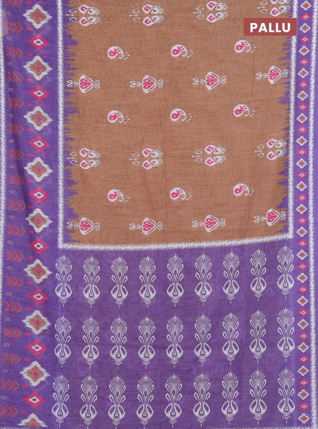 Semi linen saree sandal and lavender with allover ikat butta prints and long printed border