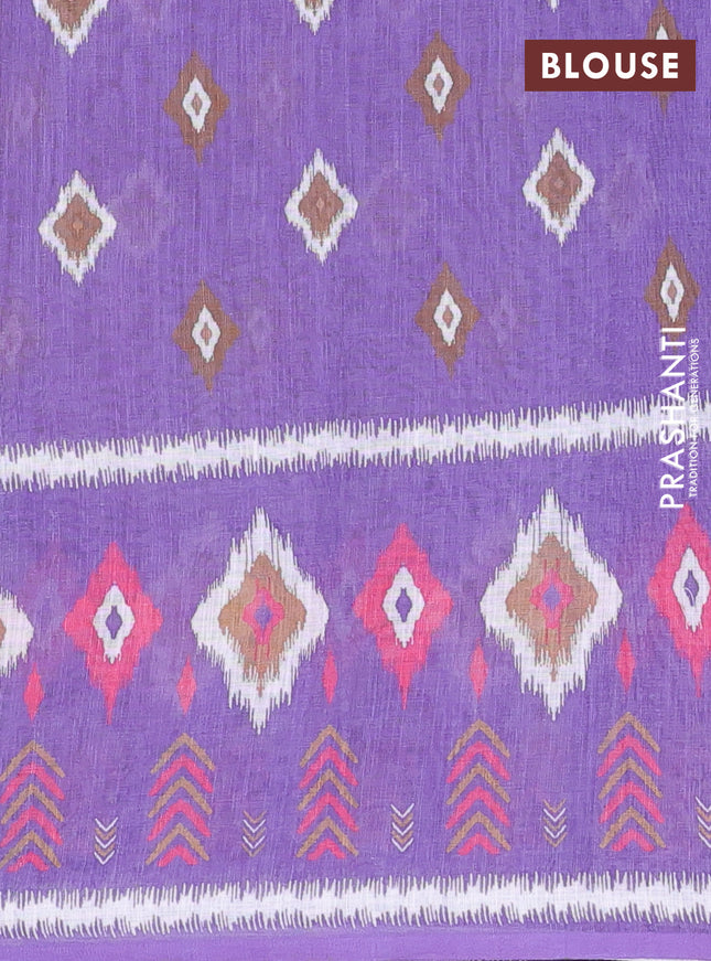 Semi linen saree sandal and lavender with allover ikat butta prints and long printed border