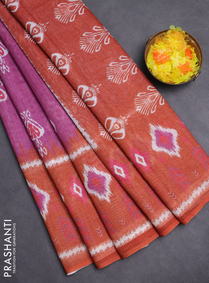 Semi linen saree purple and rust shade with allover ikat butta prints and long printed border