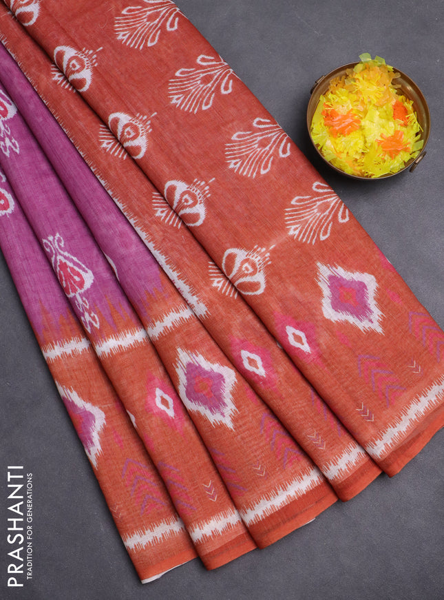 Semi linen saree purple and rust shade with allover ikat butta prints and long printed border