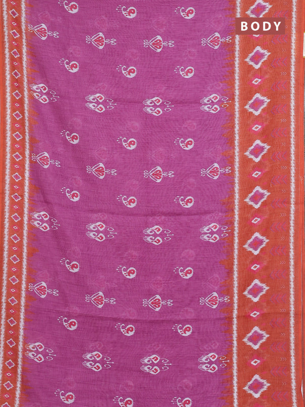 Semi linen saree purple and rust shade with allover ikat butta prints and long printed border