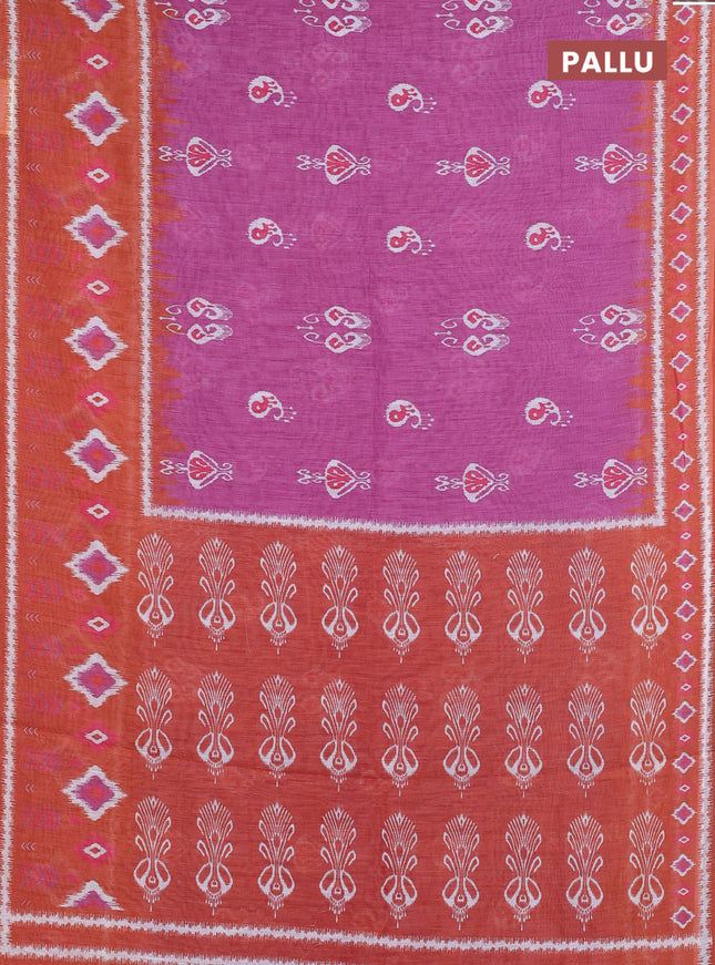 Semi linen saree purple and rust shade with allover ikat butta prints and long printed border