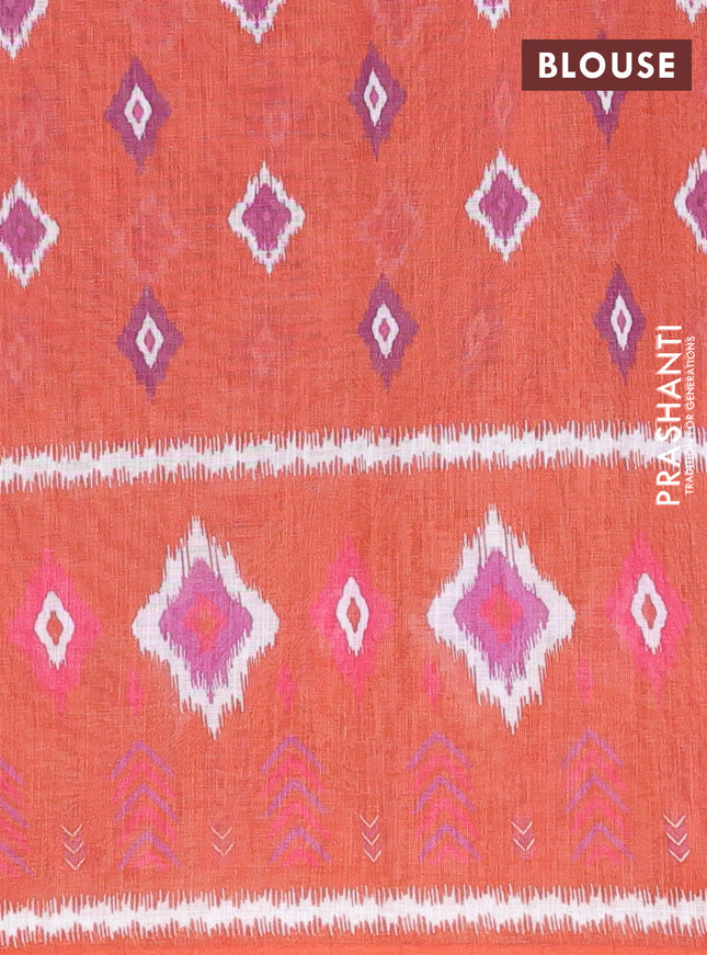 Semi linen saree purple and rust shade with allover ikat butta prints and long printed border