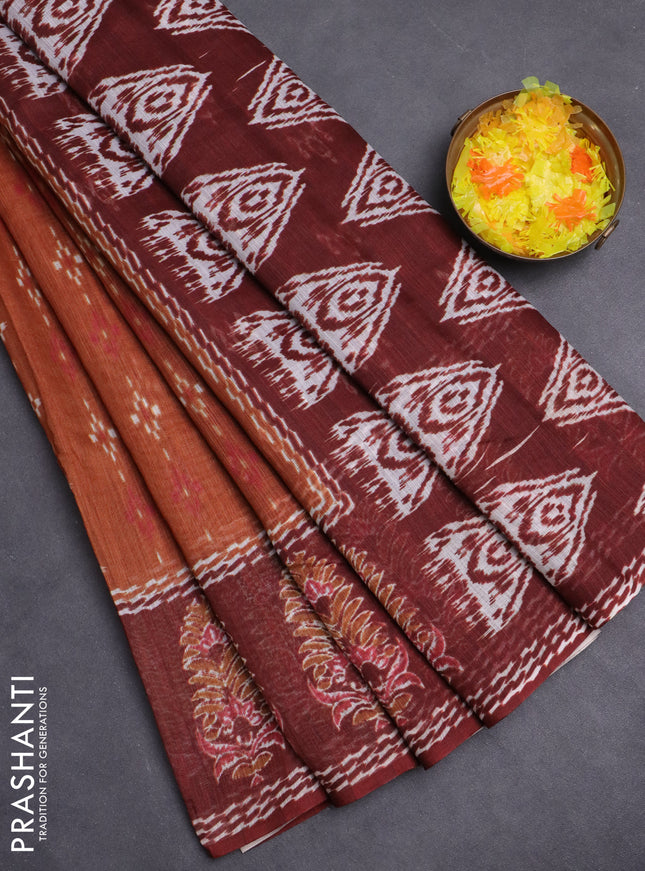 Semi linen saree rust shade and brown with allover ikat prints and long printed border