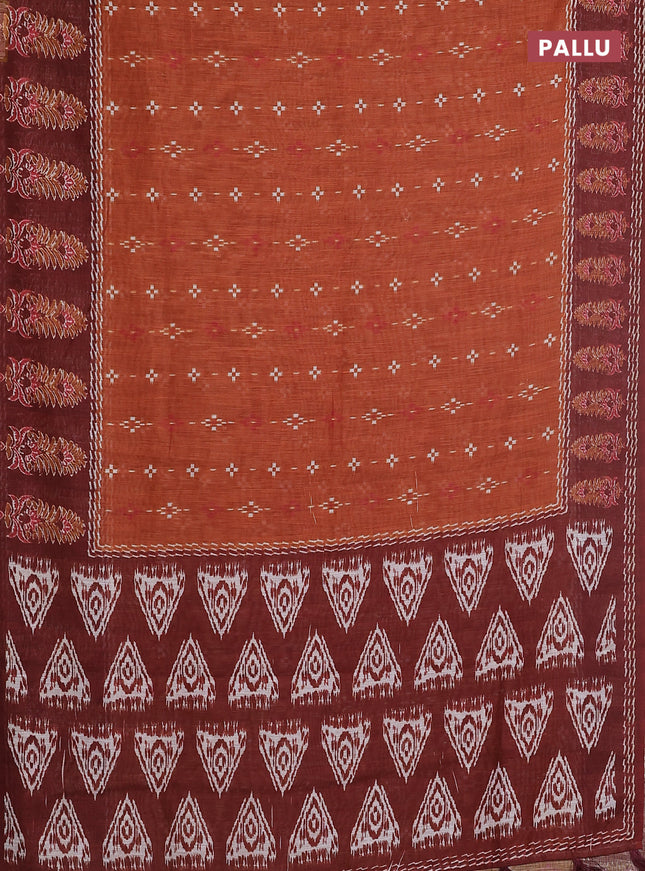 Semi linen saree rust shade and brown with allover ikat prints and long printed border