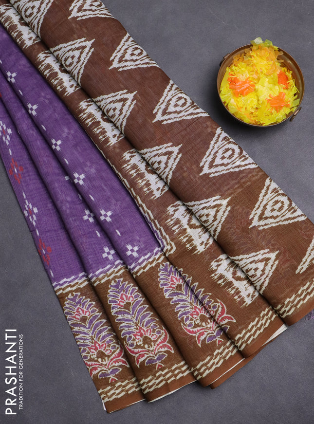 Semi linen saree violet shade and dark mustard with allover ikat prints and long printed border
