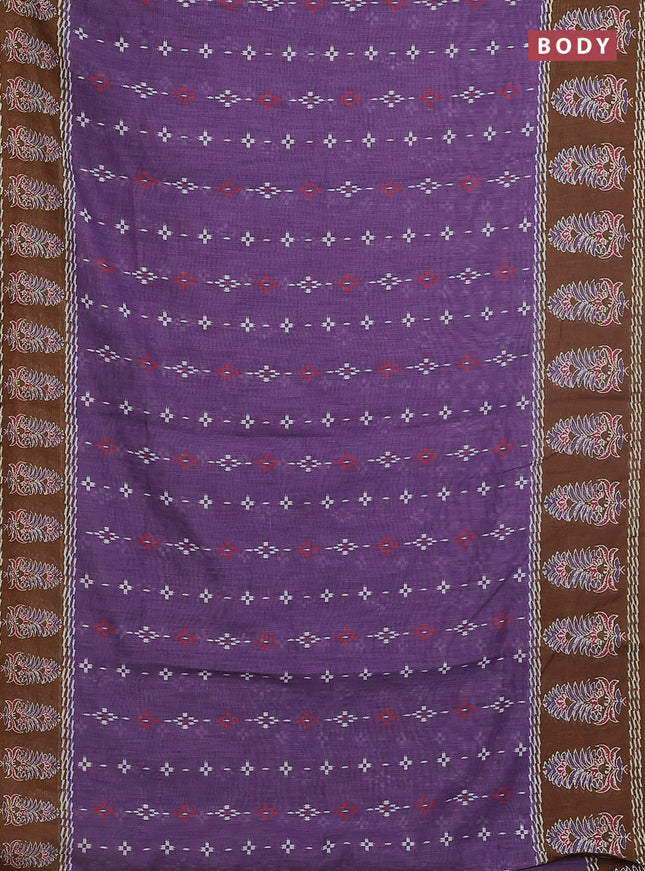 Semi linen saree violet shade and dark mustard with allover ikat prints and long printed border