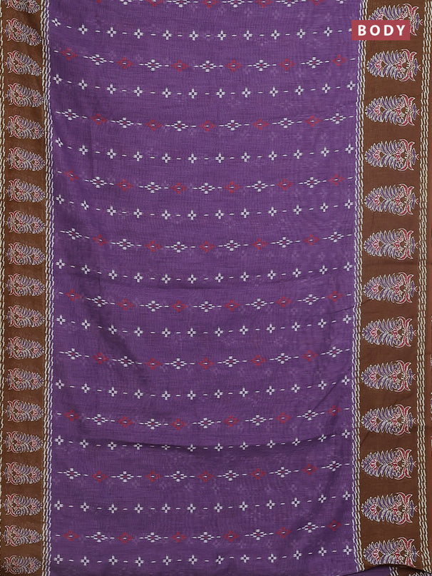 Semi linen saree violet shade and dark mustard with allover ikat prints and long printed border