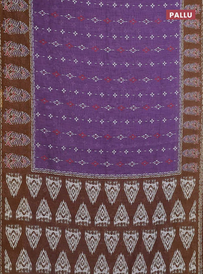 Semi linen saree violet shade and dark mustard with allover ikat prints and long printed border