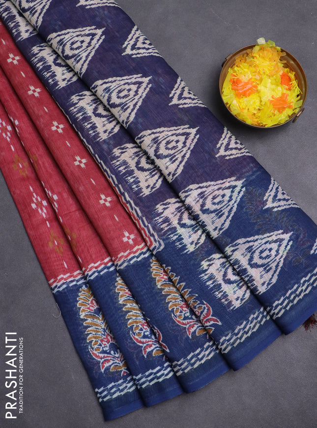 Semi linen saree maroon and blue with allover ikat prints and long printed border