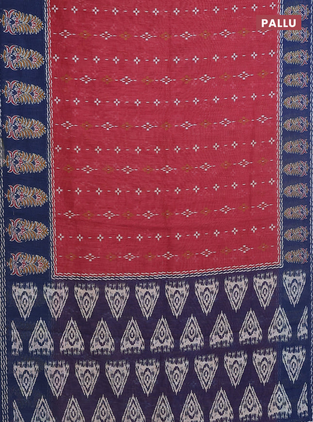 Semi linen saree maroon and blue with allover ikat prints and long printed border