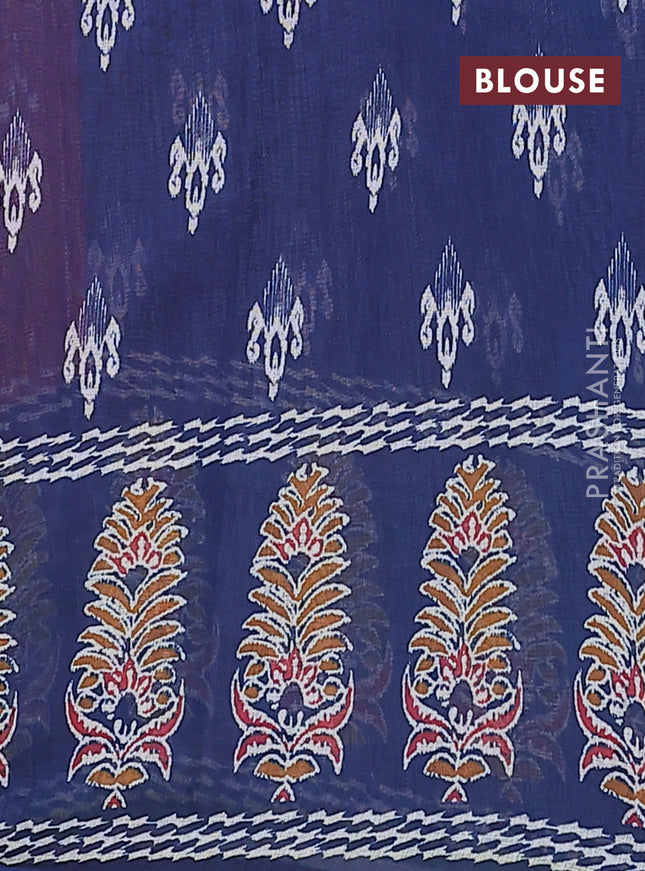 Semi linen saree maroon and blue with allover ikat prints and long printed border