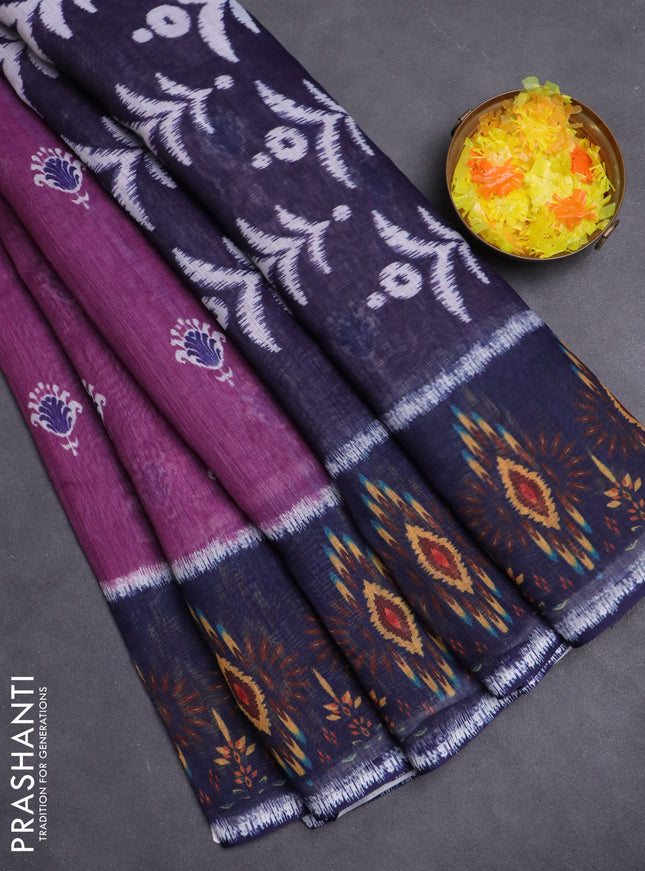 Semi linen saree purple and blue with allover ikat butta prints and long printed border