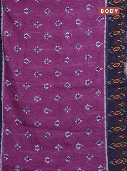 Semi linen saree purple and blue with allover ikat butta prints and long printed border