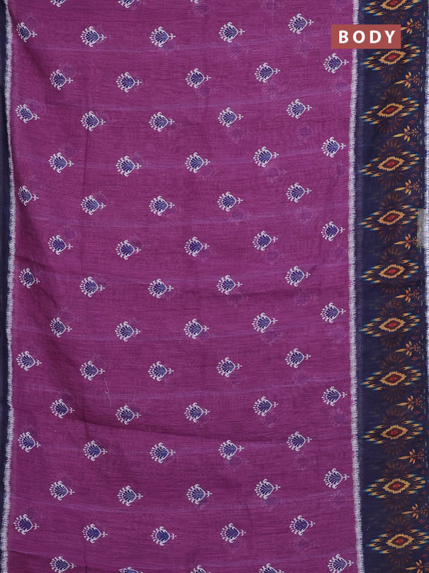 Semi linen saree purple and blue with allover ikat butta prints and long printed border