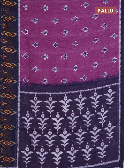 Semi linen saree purple and blue with allover ikat butta prints and long printed border