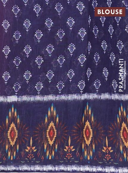 Semi linen saree purple and blue with allover ikat butta prints and long printed border