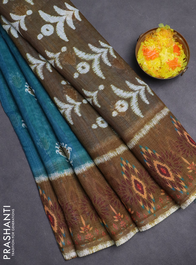 Semi linen saree teal green and dark mustard with allover ikat butta prints and long printed border