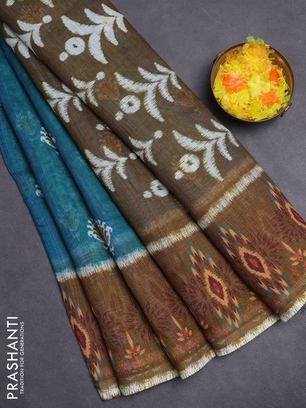 Semi linen saree teal green and dark mustard with allover ikat butta prints and long printed border