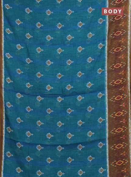 Semi linen saree teal green and dark mustard with allover ikat butta prints and long printed border