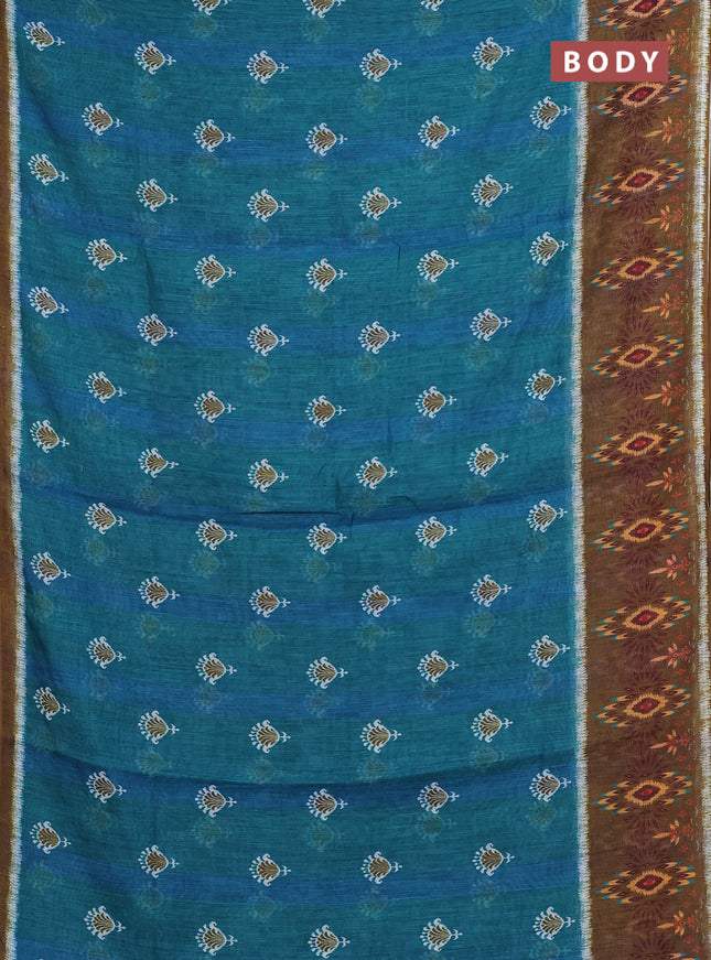 Semi linen saree teal green and dark mustard with allover ikat butta prints and long printed border