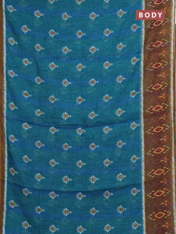 Semi linen saree teal green and dark mustard with allover ikat butta prints and long printed border