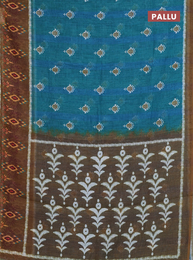 Semi linen saree teal green and dark mustard with allover ikat butta prints and long printed border
