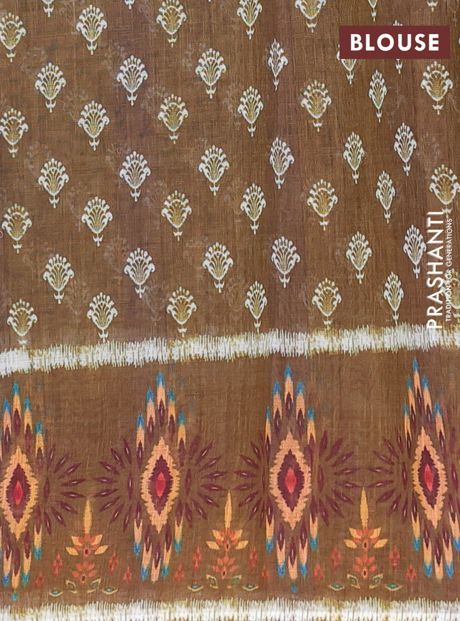 Semi linen saree teal green and dark mustard with allover ikat butta prints and long printed border