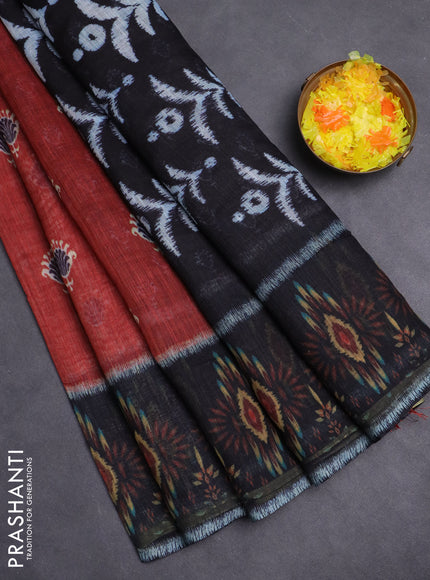 Semi linen saree rustic maroon and black with allover ikat butta prints and long printed border