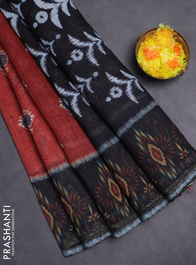 Semi linen saree rustic maroon and black with allover ikat butta prints and long printed border