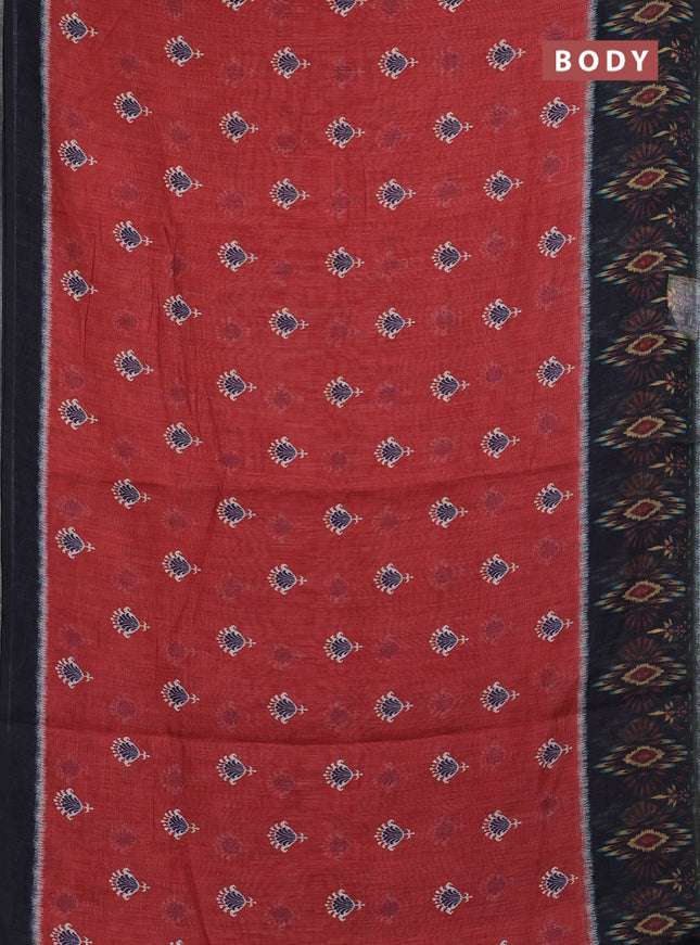 Semi linen saree rustic maroon and black with allover ikat butta prints and long printed border