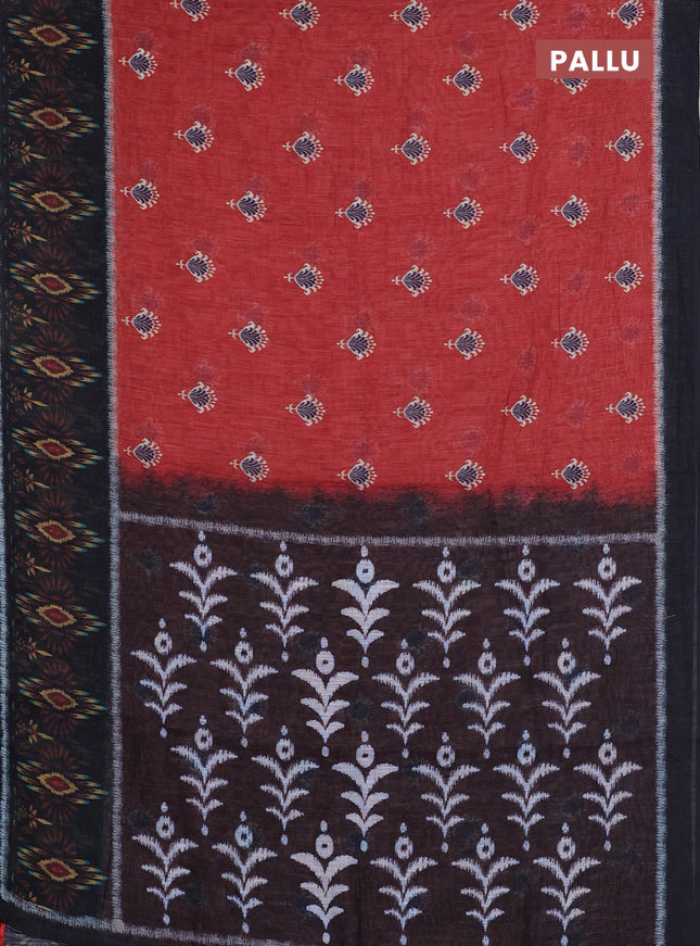 Semi linen saree rustic maroon and black with allover ikat butta prints and long printed border