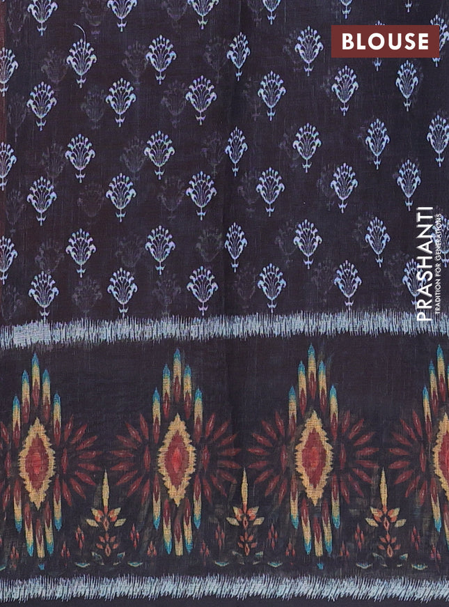 Semi linen saree rustic maroon and black with allover ikat butta prints and long printed border
