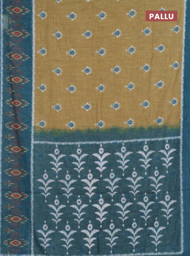 Semi linen saree mehendi green and peacock green with allover ikat butta prints and long printed border