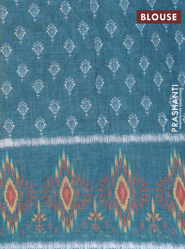 Semi linen saree mehendi green and peacock green with allover ikat butta prints and long printed border