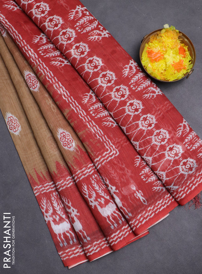 Semi linen saree sandal and rustic orange with allover ikat butta prints and long printed border