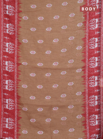 Semi linen saree sandal and rustic orange with allover ikat butta prints and long printed border