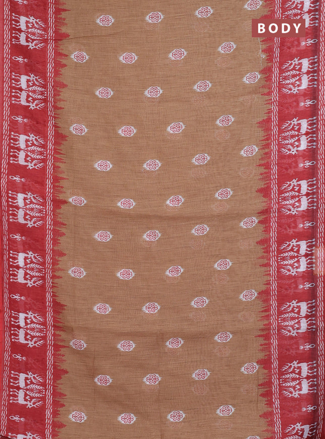 Semi linen saree sandal and rustic orange with allover ikat butta prints and long printed border